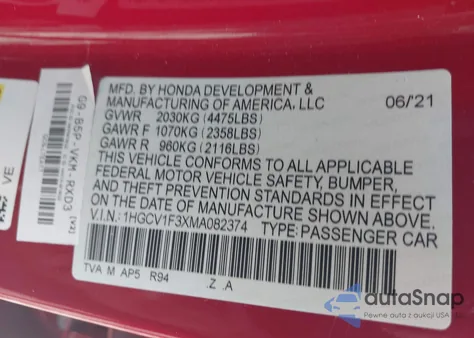 2021 Honda Accord Sport из США, поврежденный, VIN 1HGCV1F3XMA082374